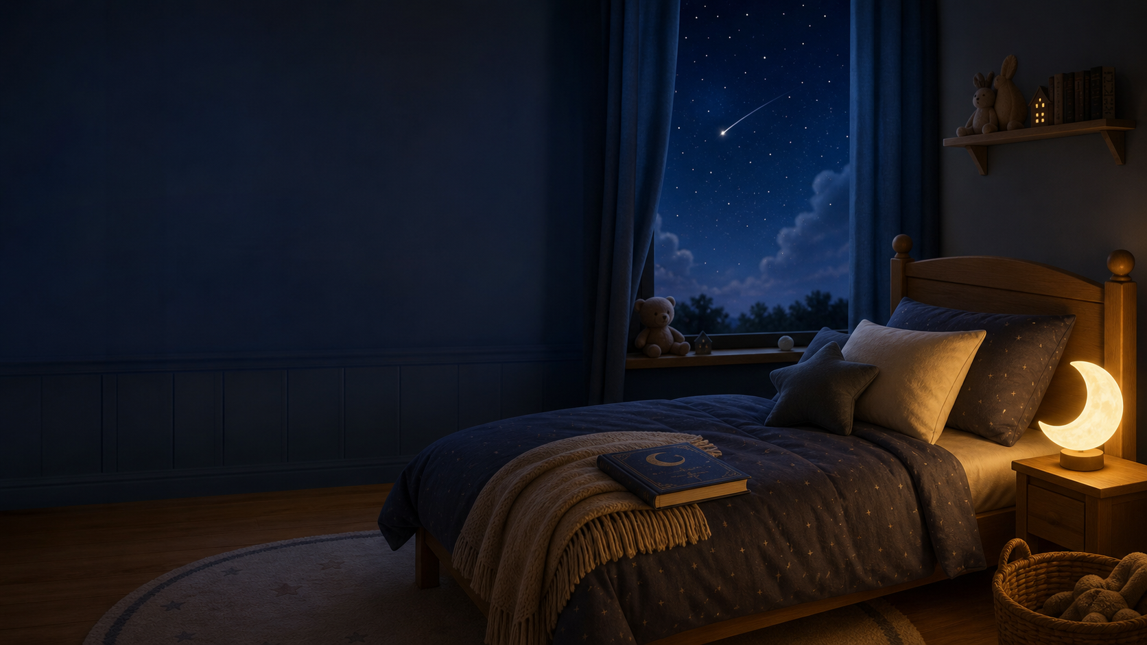 Moonlit child’s bedroom with a storybook and a glowing crescent-moon lamp