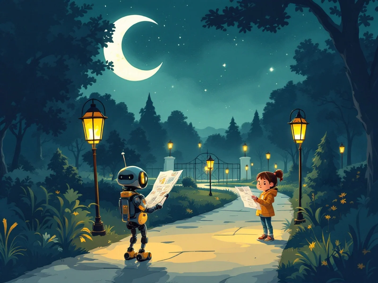 Maya and her small brass robot following seven lights through a moonlit park